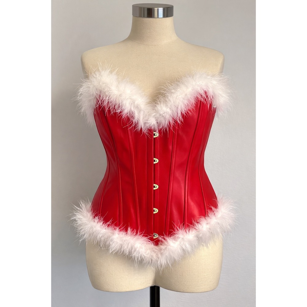 NWOT‎ Mrs Claus Corset Red Faux Leather Marabou Feather Trim Burlesque Lingerie